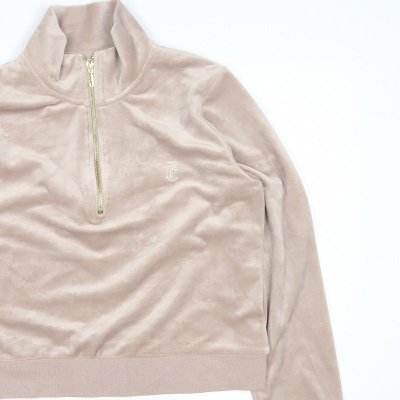 Juicy Couture Women Beige XL Velour 1/4 Zip Logo Sweatshirt