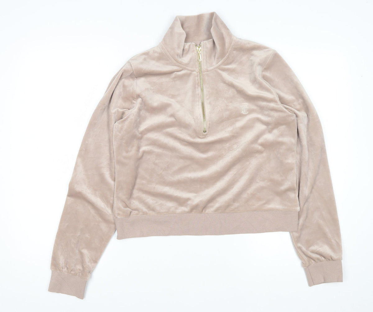 Juicy Couture Women Beige XL Velour 1/4 Zip Logo Sweatshirt