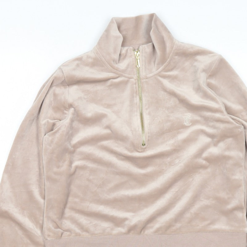 Juicy Couture Women Beige XL Velour 1/4 Zip Logo Sweatshirt