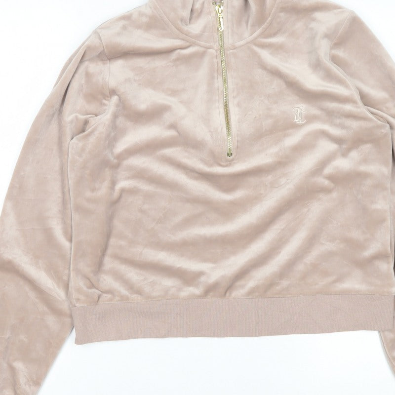 Juicy Couture Women Beige XL Velour 1/4 Zip Logo Sweatshirt