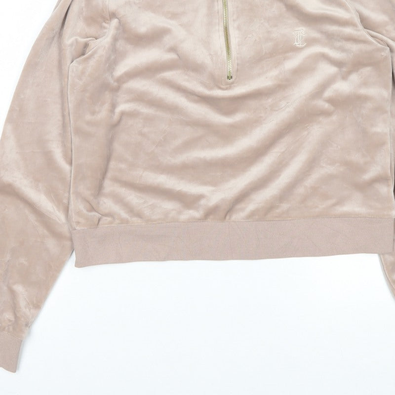 Juicy Couture Women Beige XL Velour 1/4 Zip Logo Sweatshirt
