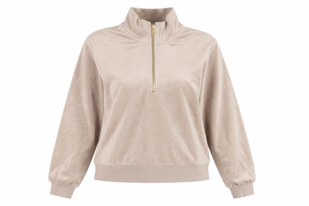 Juicy Couture Women Beige XL Velour 1/4 Zip Logo Sweatshirt
