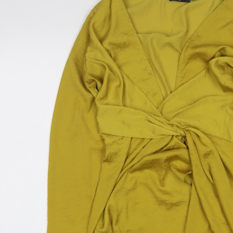Missguided Women Yellow UK 10 Wrap Dress Long Sleeve V-Neck Party