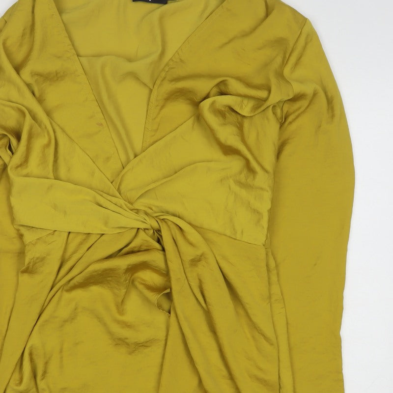 Missguided Women Yellow UK 10 Wrap Dress Long Sleeve V-Neck Party