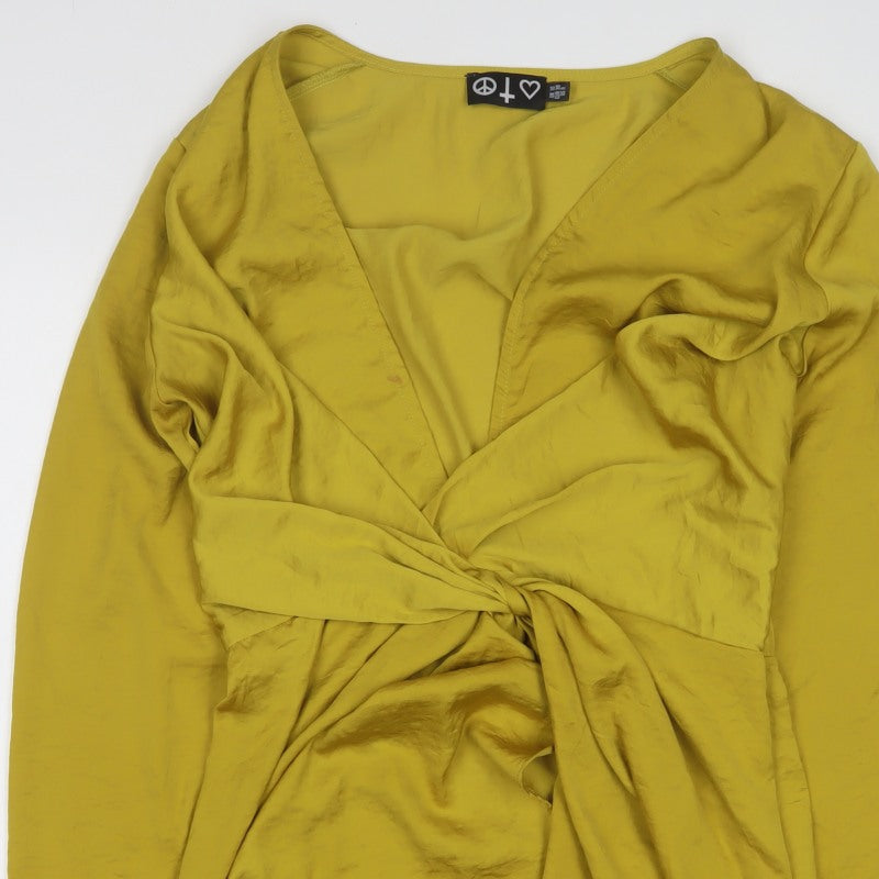 Missguided Women Yellow UK 10 Wrap Dress Long Sleeve V-Neck Party