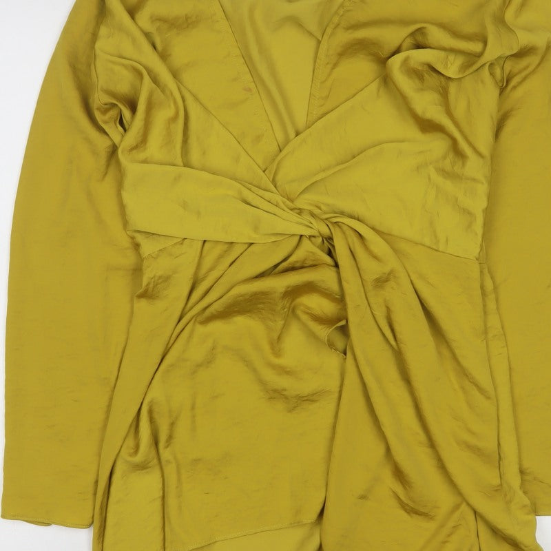 Missguided Women Yellow UK 10 Wrap Dress Long Sleeve V-Neck Party