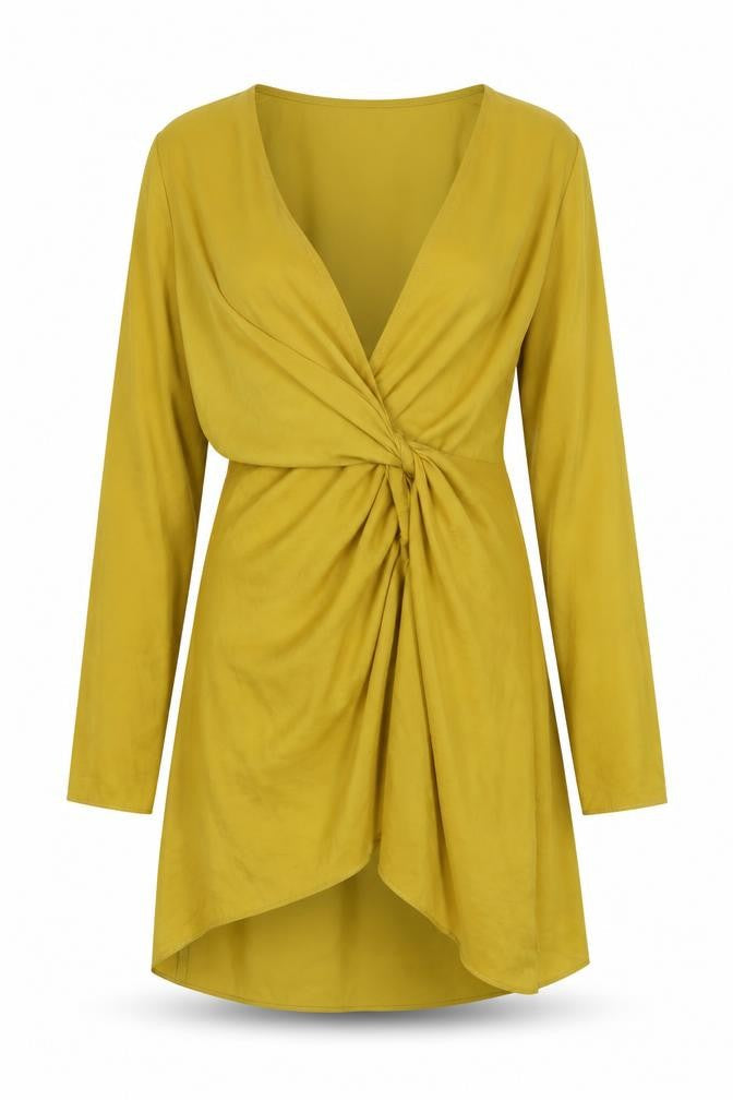 Missguided Women Yellow UK 10 Wrap Dress Long Sleeve V-Neck Party