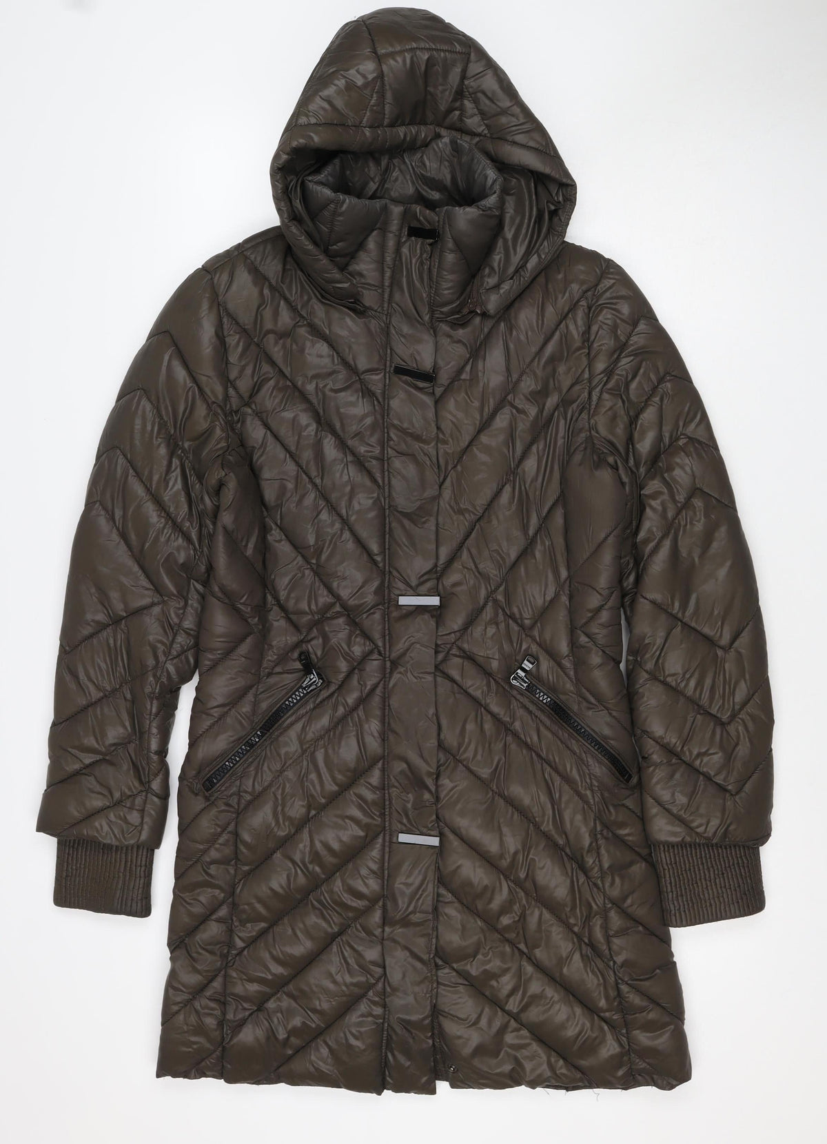 WADCS Women’s Brown L Long Hooded Quilted Puffer Jacket