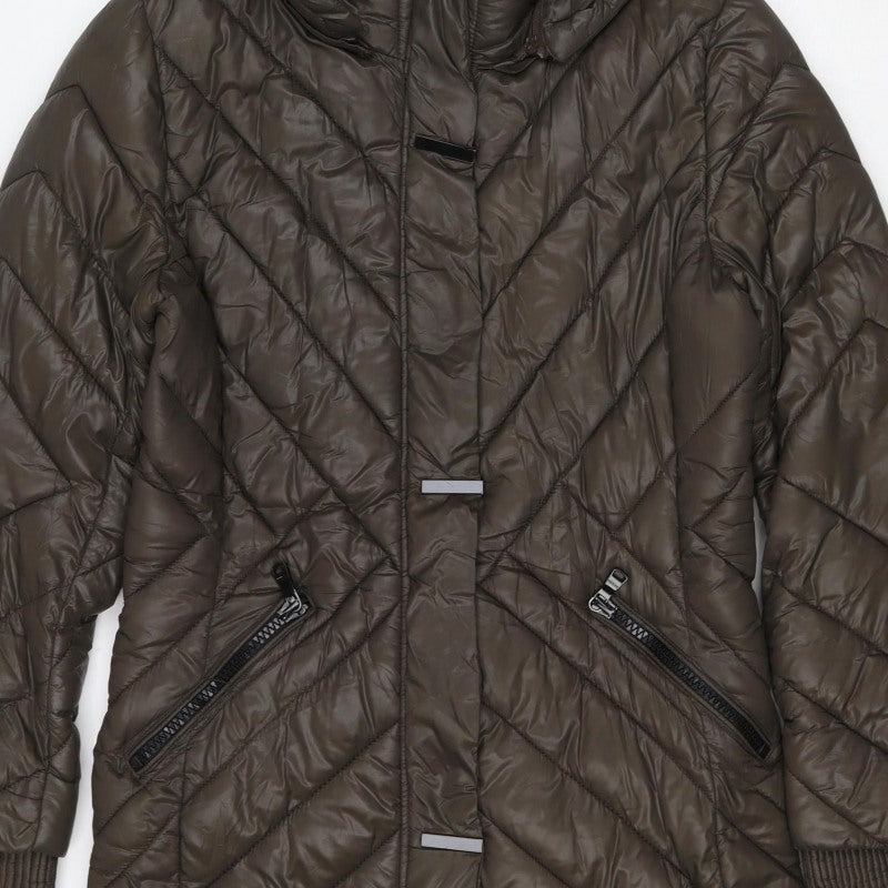 WADCS Women’s Brown L Long Hooded Quilted Puffer Jacket