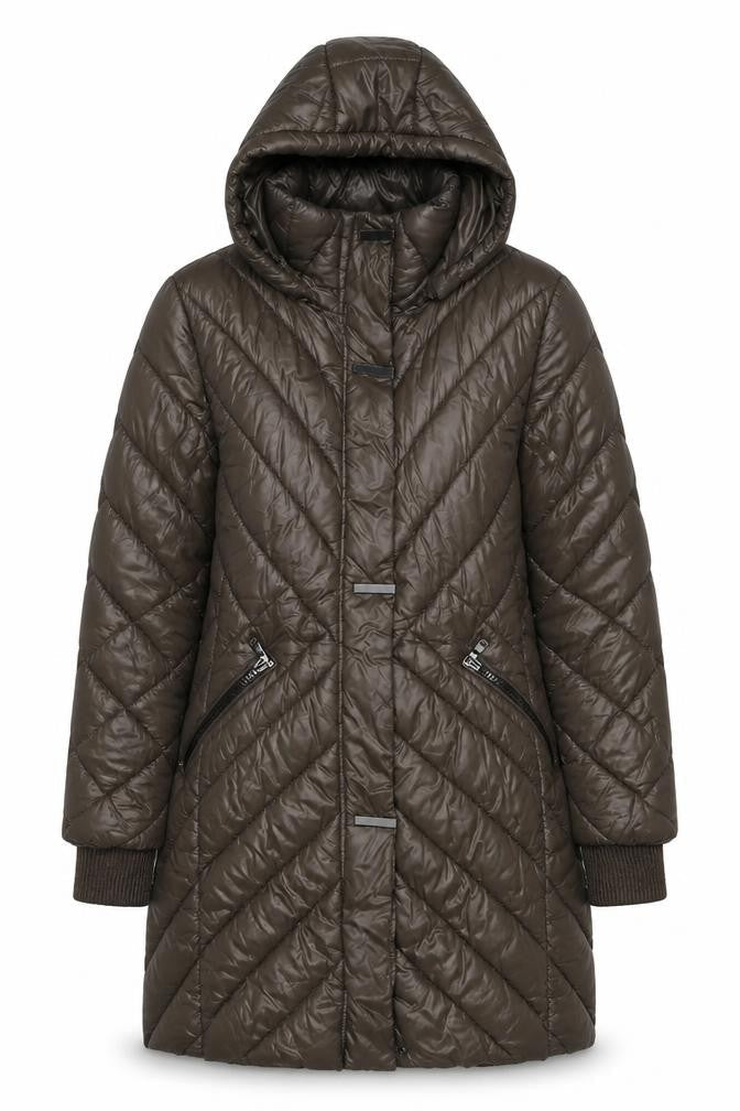 WADCS Women’s Brown L Long Hooded Quilted Puffer Jacket