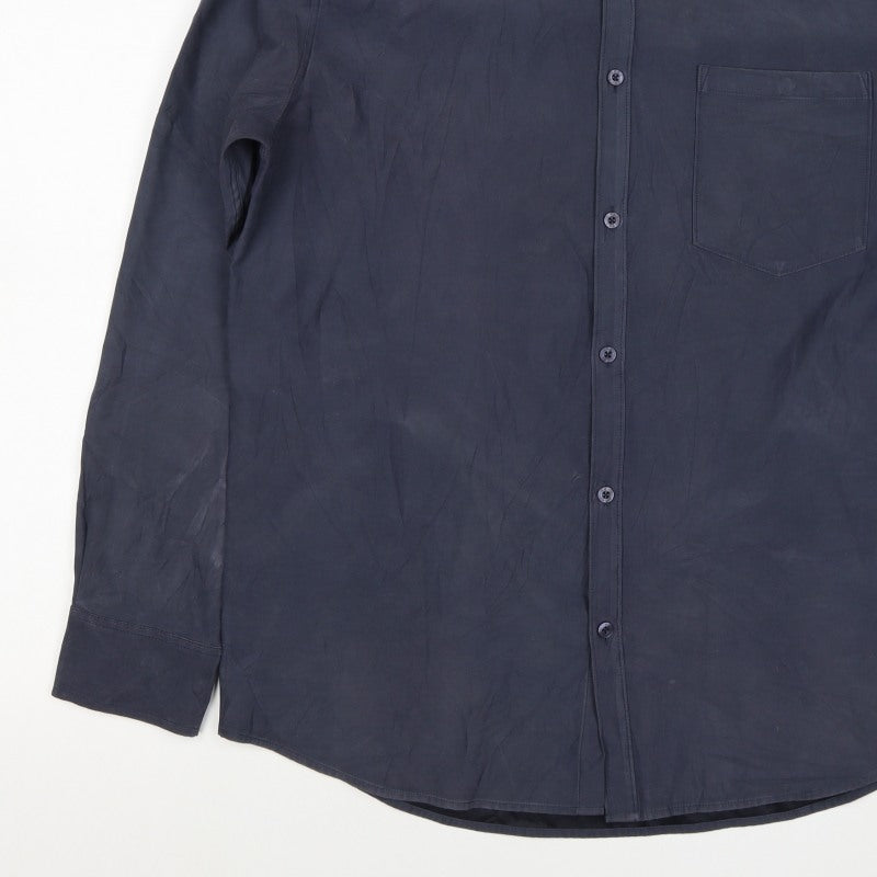 Next Men's Navy L Long Sleeve Button-Up Shirt Polyester Blend