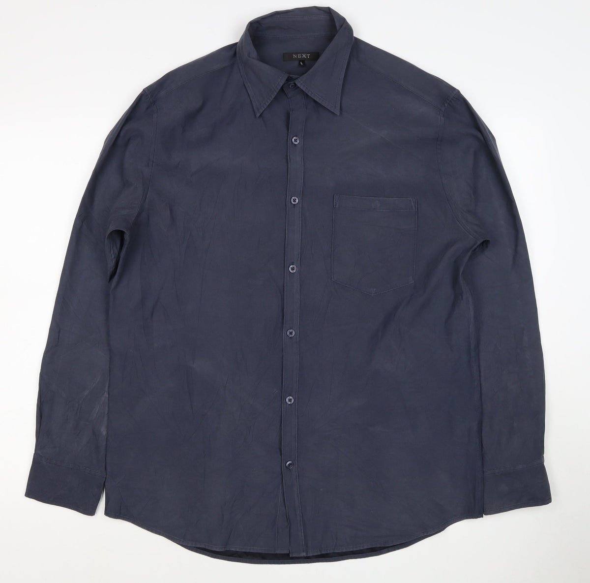 Next Men's Navy L Long Sleeve Button-Up Shirt Polyester Blend