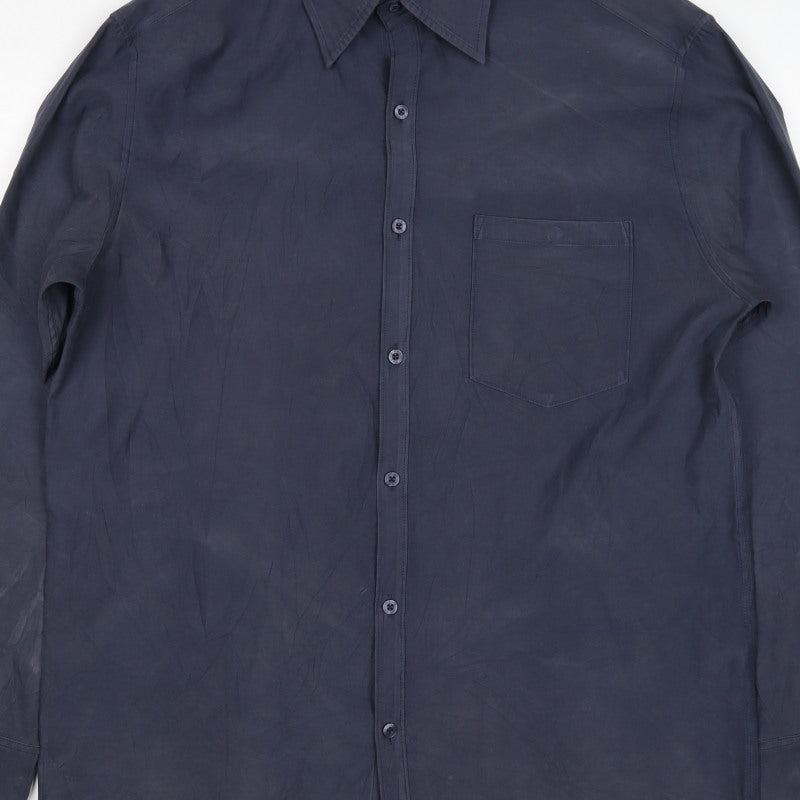 Next Men's Navy L Long Sleeve Button-Up Shirt Polyester Blend