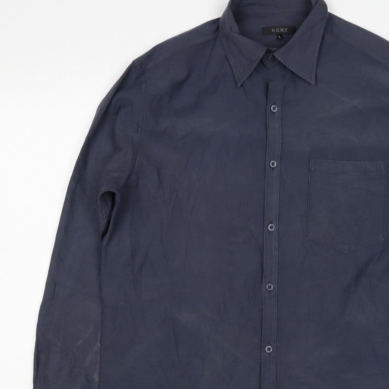 Next Men's Navy L Long Sleeve Button-Up Shirt Polyester Blend