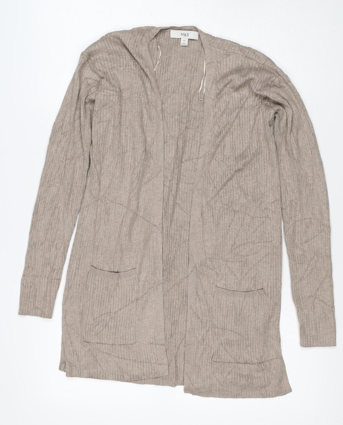 Marks & Spencer Women Beige XS Open Rib Knit Longline Cardigan