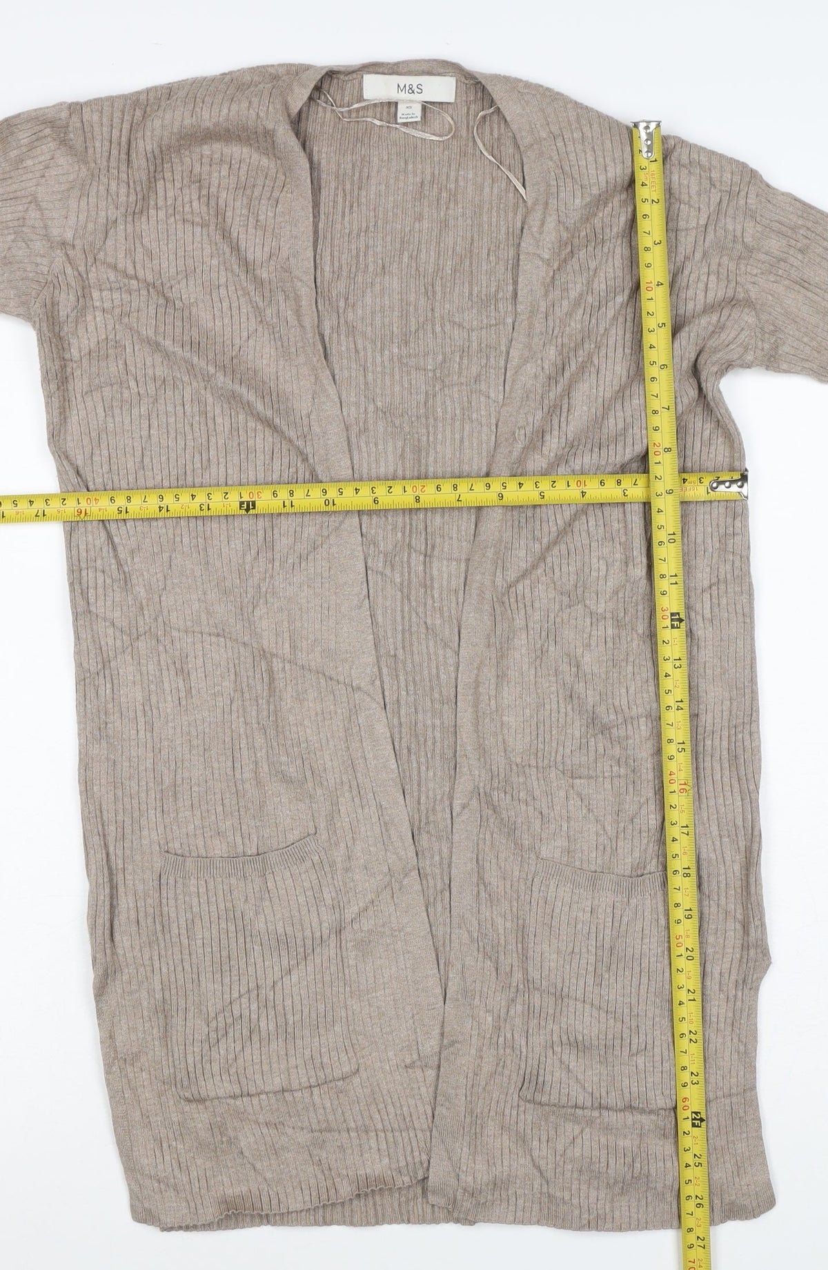 Marks & Spencer Women Beige XS Open Rib Knit Longline Cardigan