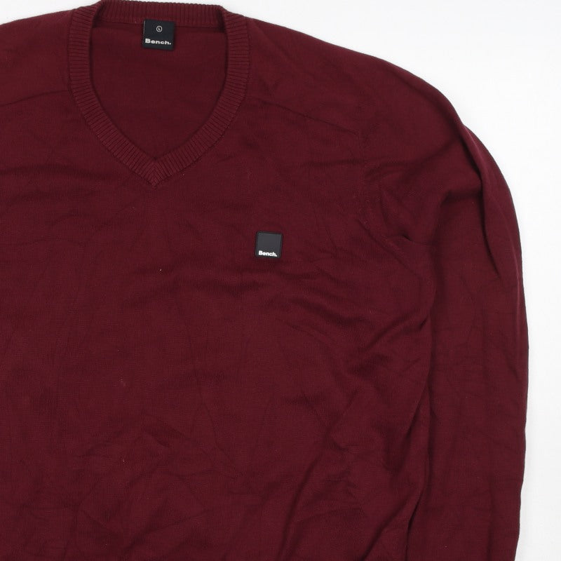 Bench Men’s Red Cotton V-Neck Logo Pullover Jumper Size L