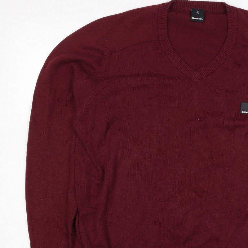 Bench Men’s Red Cotton V-Neck Logo Pullover Jumper Size L