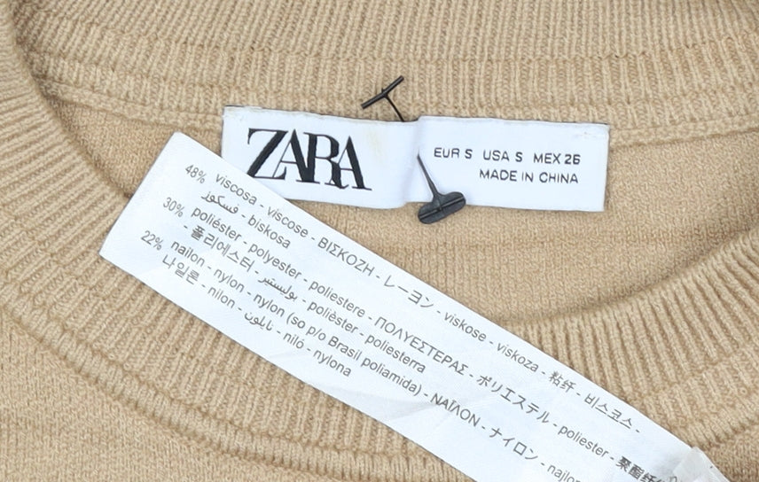 Zara Women Beige S Crew Neck Lightweight Knit Pullover Jumper