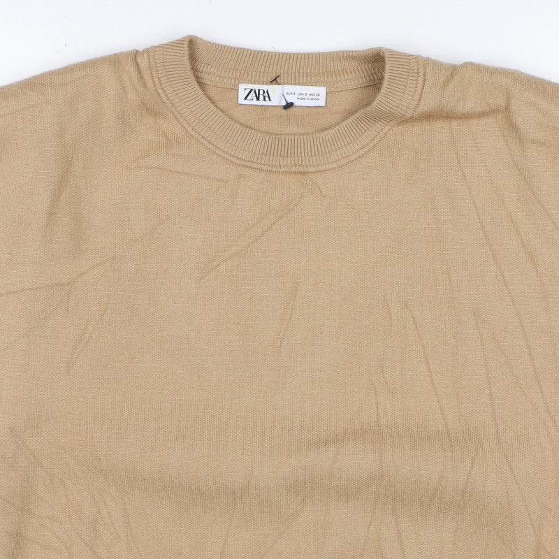 Zara Women Beige S Crew Neck Lightweight Knit Pullover Jumper