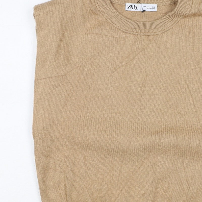 Zara Women Beige S Crew Neck Lightweight Knit Pullover Jumper