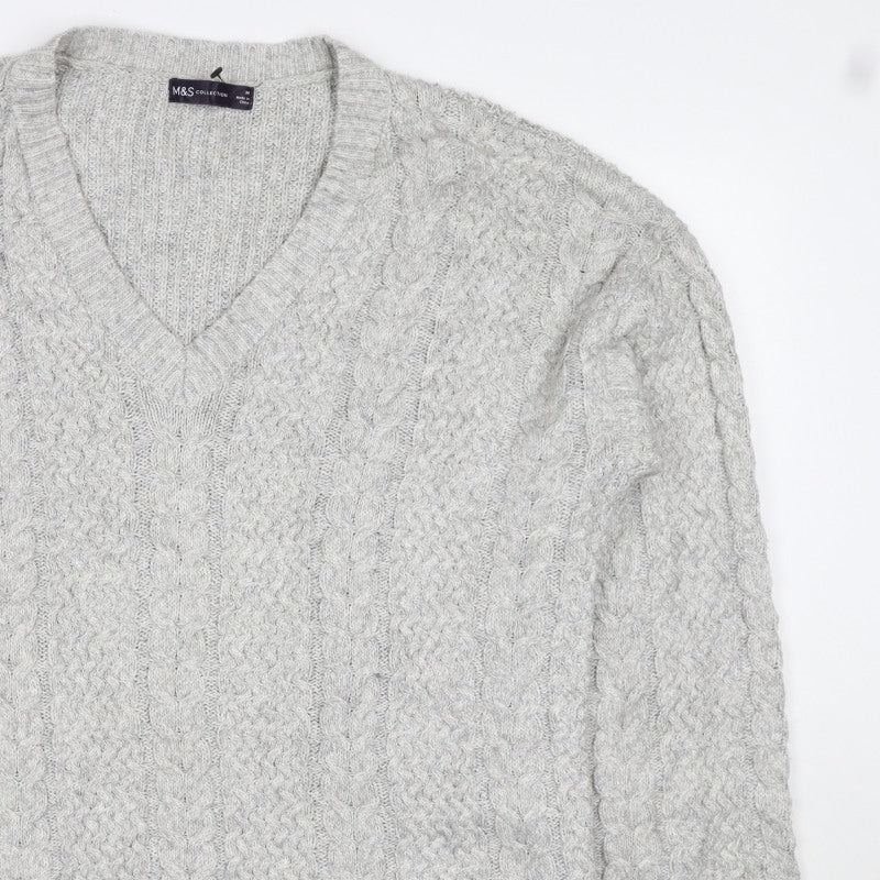 Marks and Spencer Women Grey M Cable Knit V-Neck Pullover Jumper
