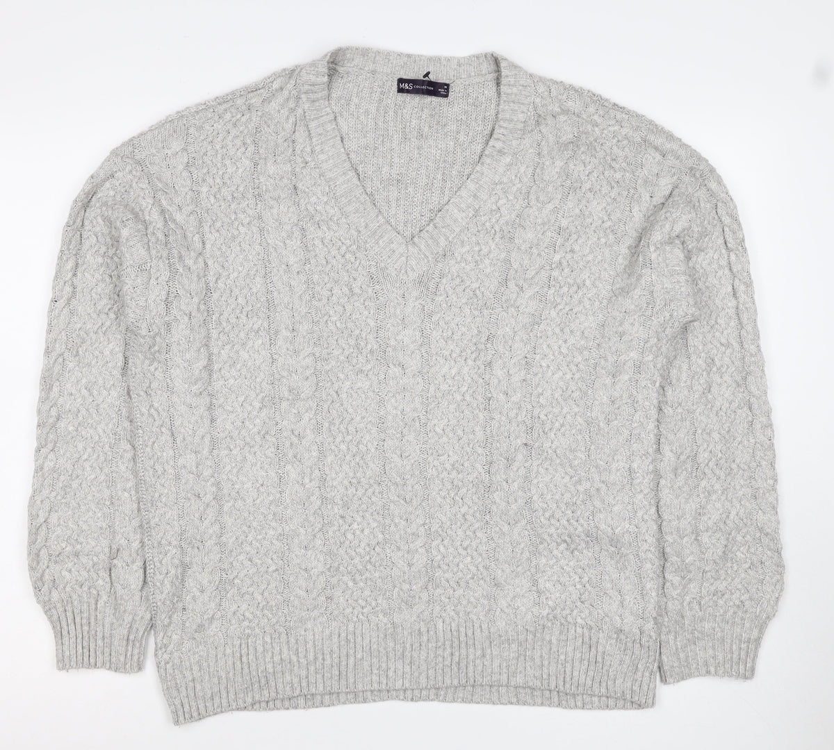 Marks and Spencer Women Grey M Cable Knit V-Neck Pullover Jumper