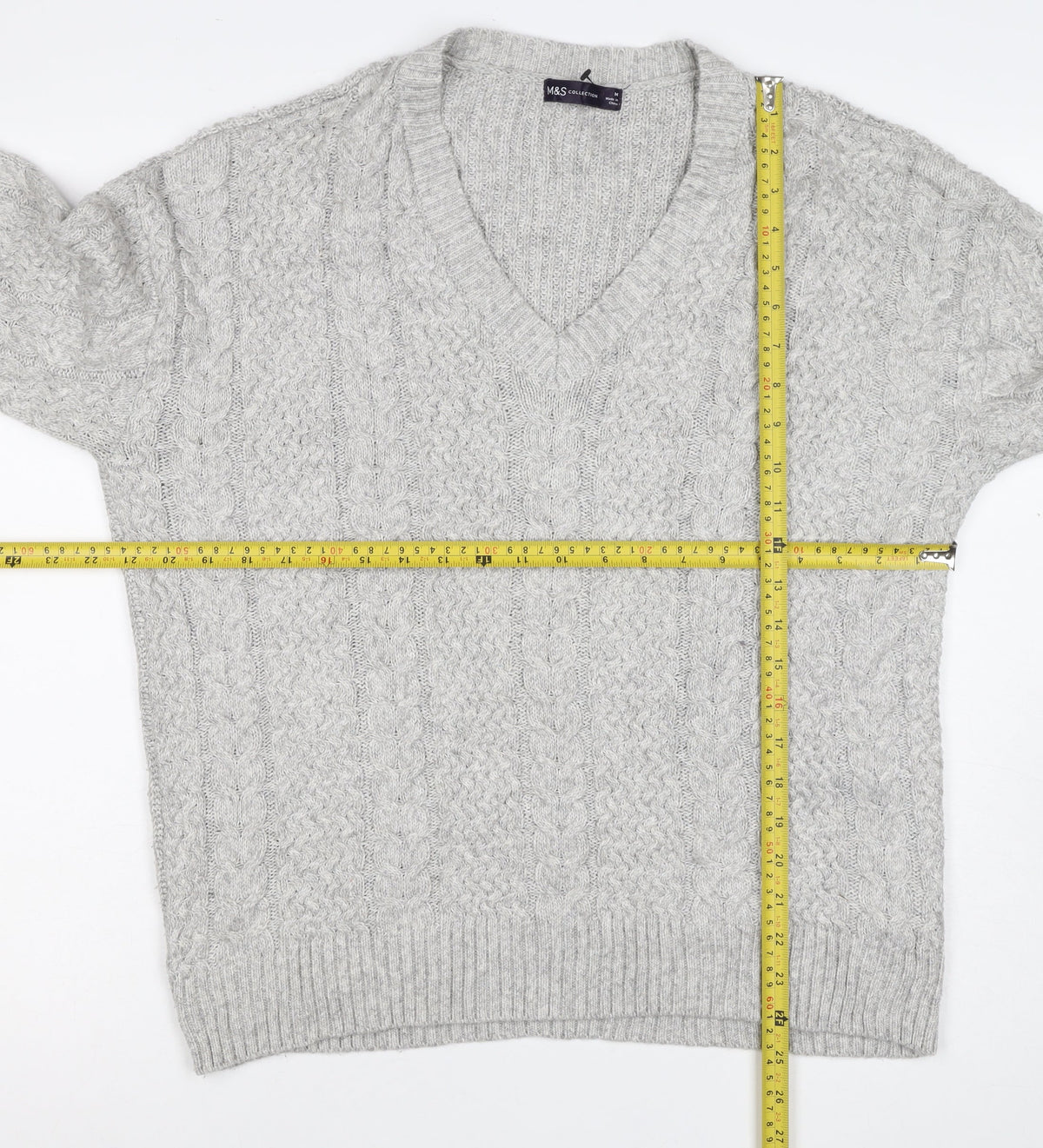 Marks and Spencer Women Grey M Cable Knit V-Neck Pullover Jumper
