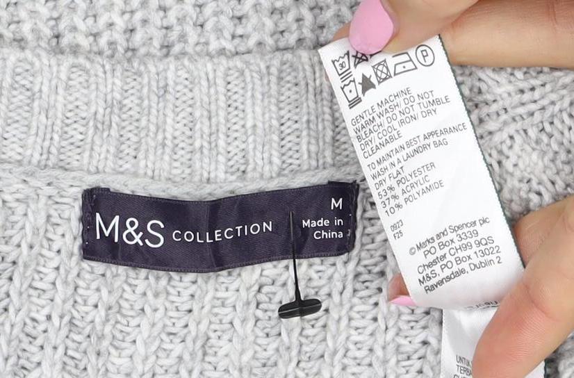 Marks and Spencer Women Grey M Cable Knit V-Neck Pullover Jumper