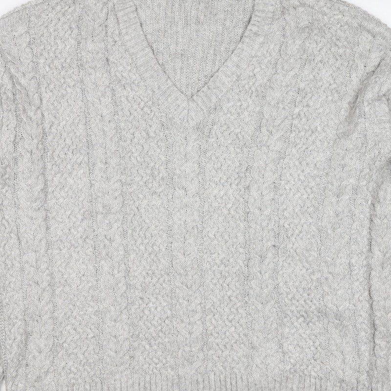 Marks and Spencer Women Grey M Cable Knit V-Neck Pullover Jumper