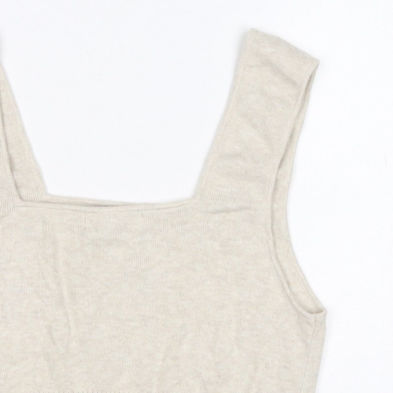 H&M Women Beige L Knit Cropped Square Neck Wide Strap Tank Top