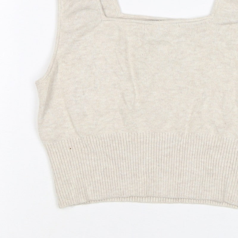 H&M Women Beige L Knit Cropped Square Neck Wide Strap Tank Top
