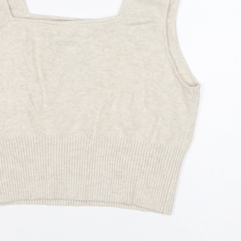 H&M Women Beige L Knit Cropped Square Neck Wide Strap Tank Top