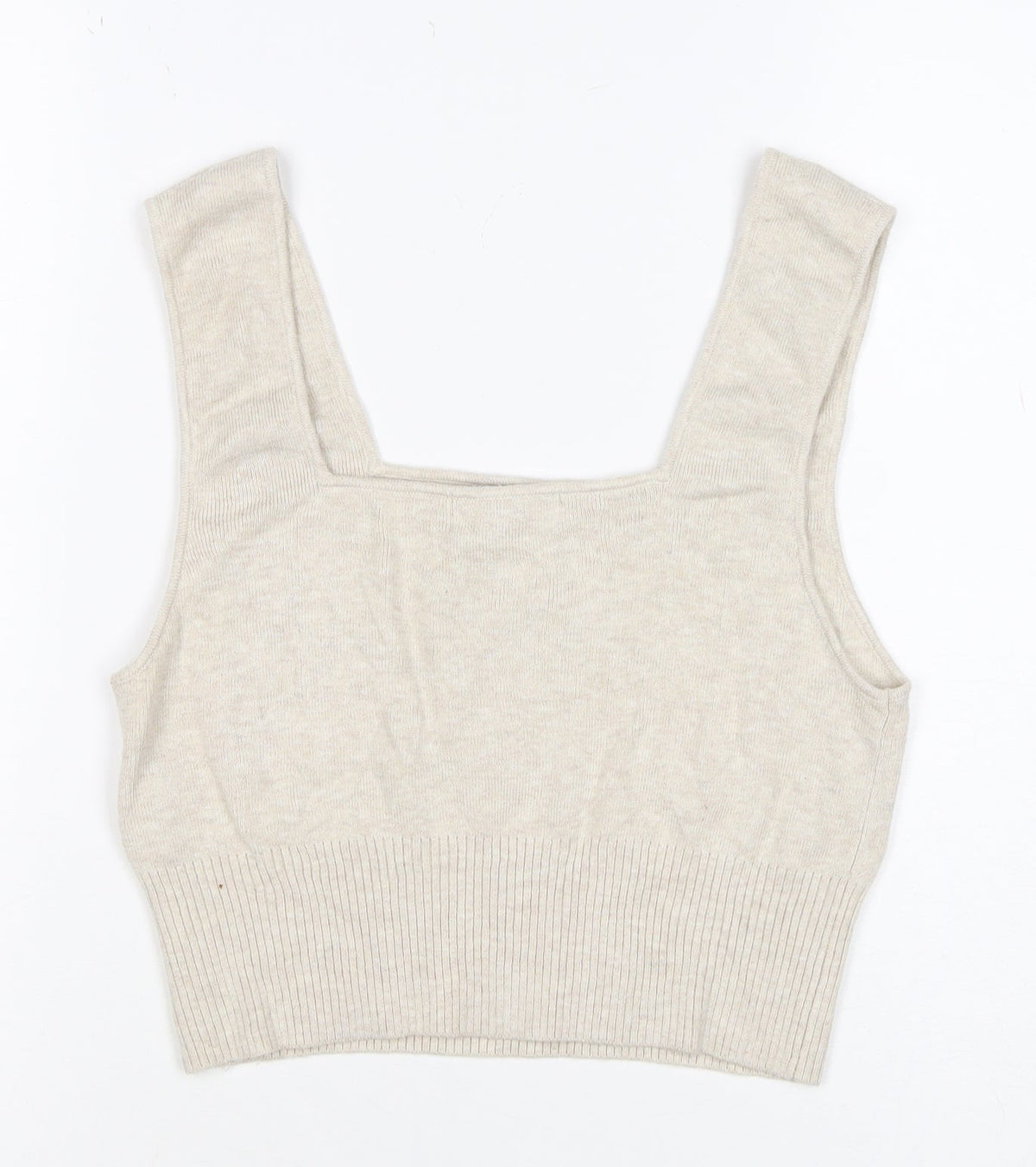 H&M Women Beige L Knit Cropped Square Neck Wide Strap Tank Top