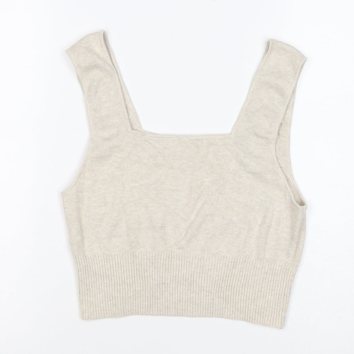 H&M Women Beige L Knit Cropped Square Neck Wide Strap Tank Top