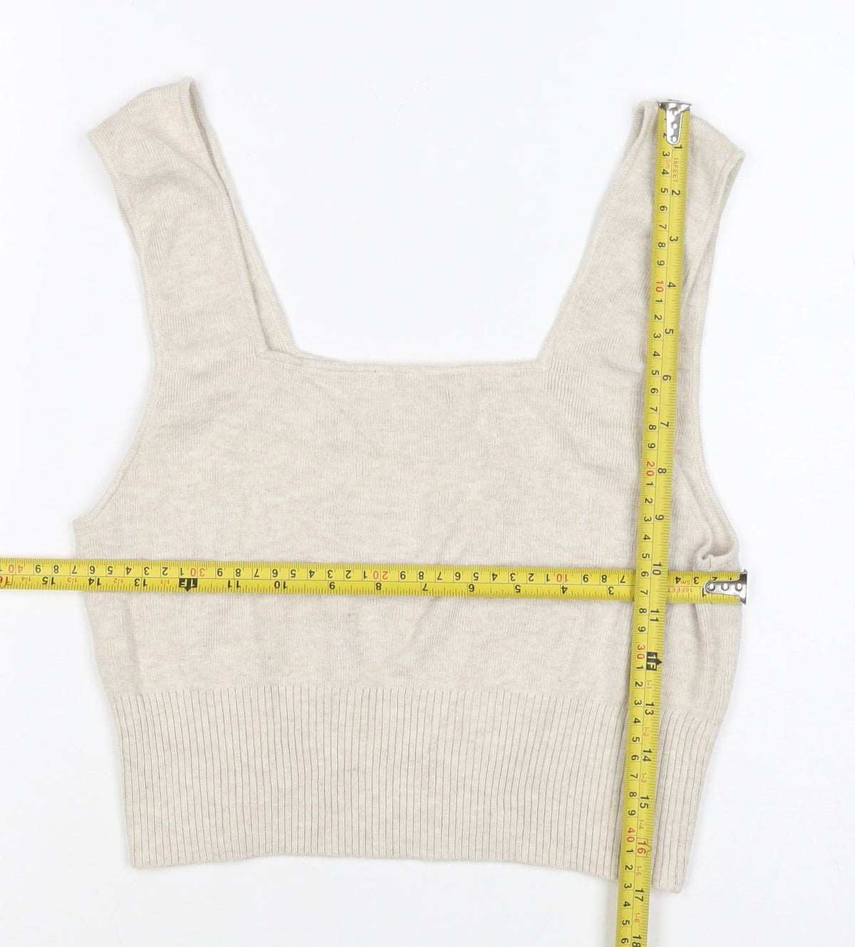 H&M Women Beige L Knit Cropped Square Neck Wide Strap Tank Top
