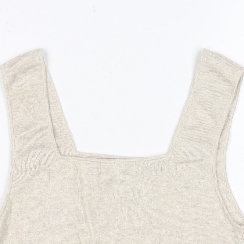 H&M Women Beige L Knit Cropped Square Neck Wide Strap Tank Top