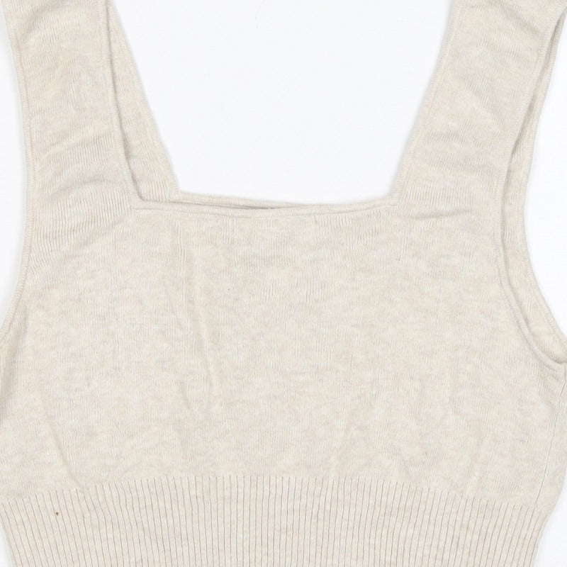 H&M Women Beige L Knit Cropped Square Neck Wide Strap Tank Top