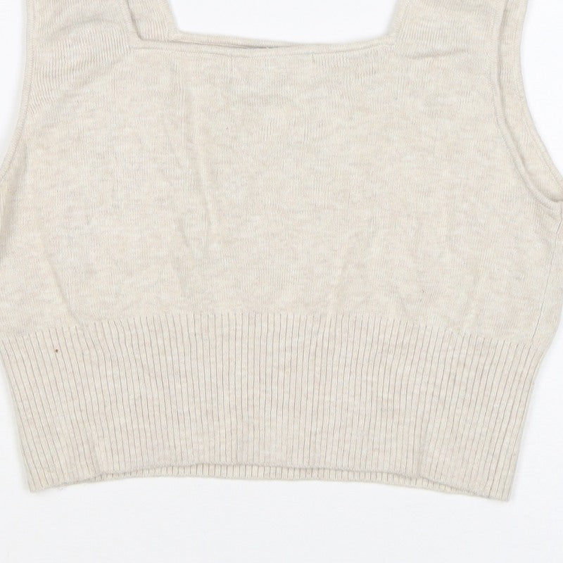 H&M Women Beige L Knit Cropped Square Neck Wide Strap Tank Top