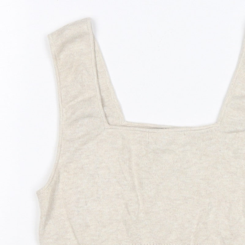 H&M Women Beige L Knit Cropped Square Neck Wide Strap Tank Top