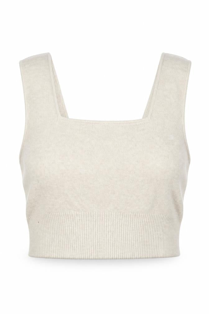 H&M Women Beige L Knit Cropped Square Neck Wide Strap Tank Top