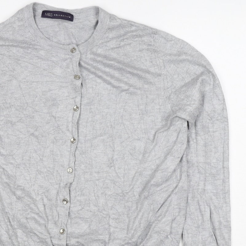 Marks & Spencer Women Grey UK 14 Round Neck Button Cardigan