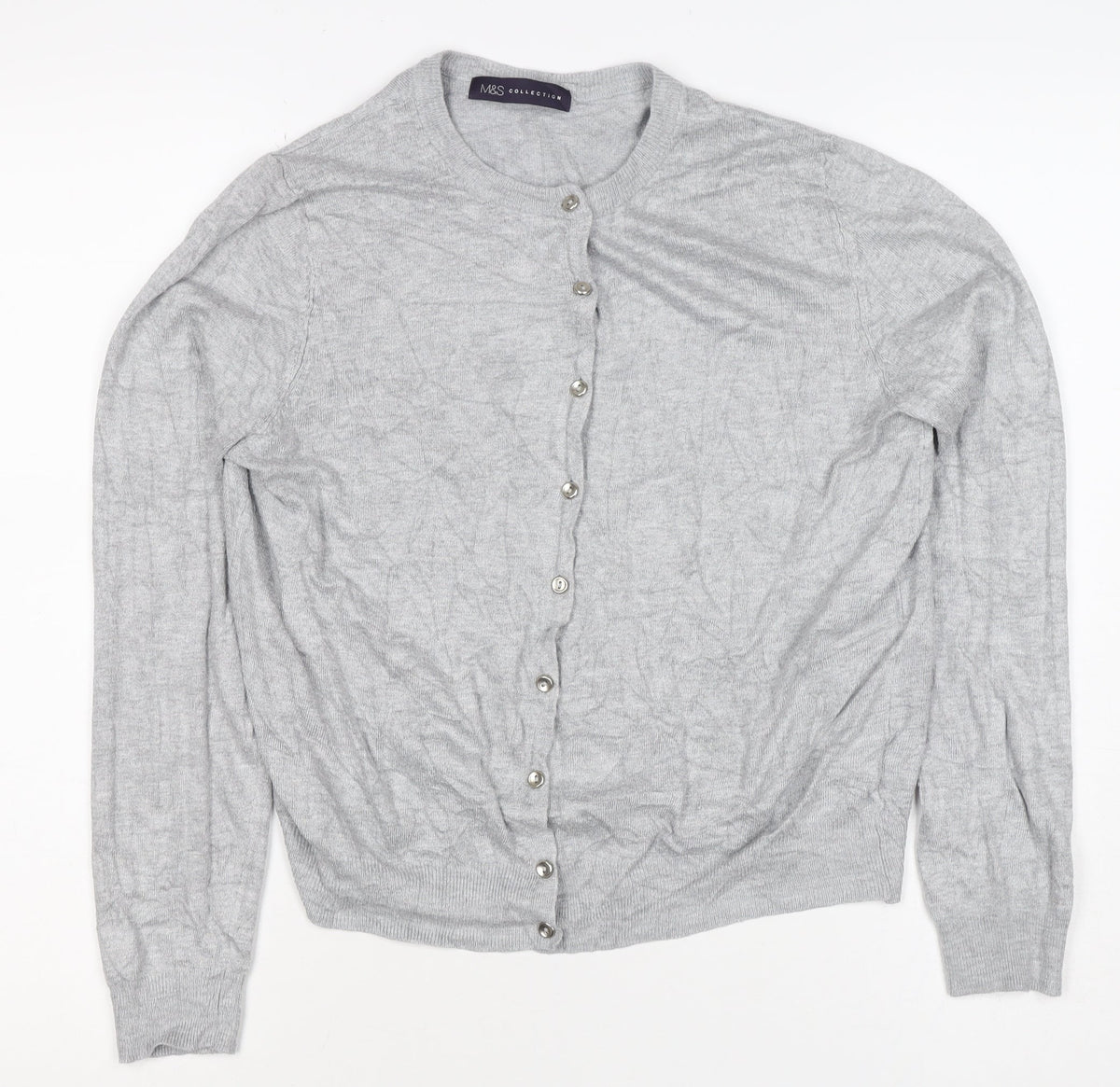 Marks & Spencer Women Grey UK 14 Round Neck Button Cardigan