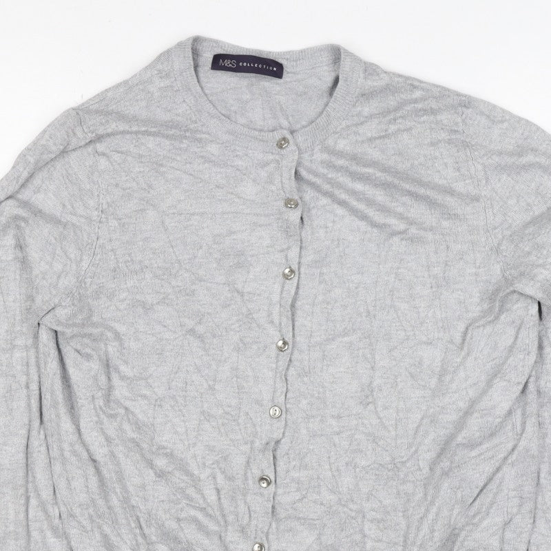 Marks & Spencer Women Grey UK 14 Round Neck Button Cardigan