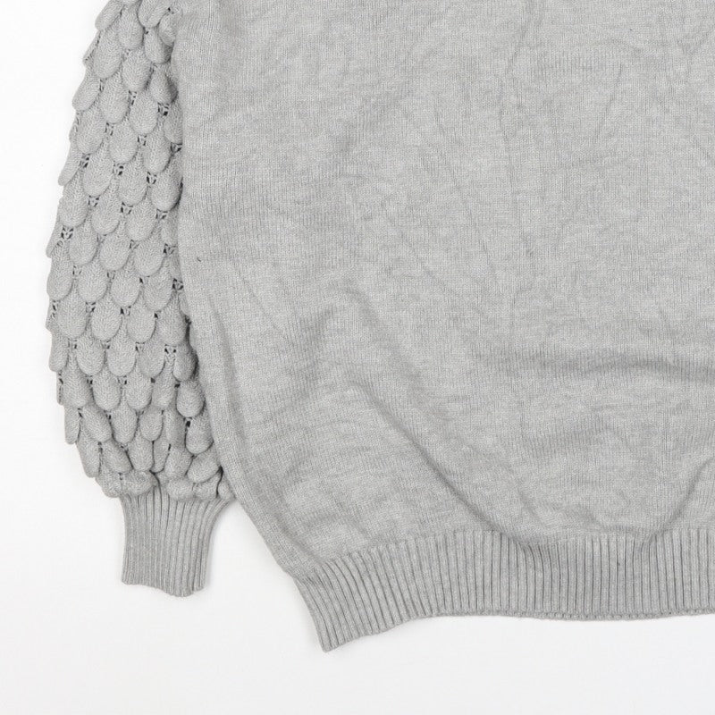 Kass Women’s Grey S Knit Jumper Textured Sleeve Crew Neck