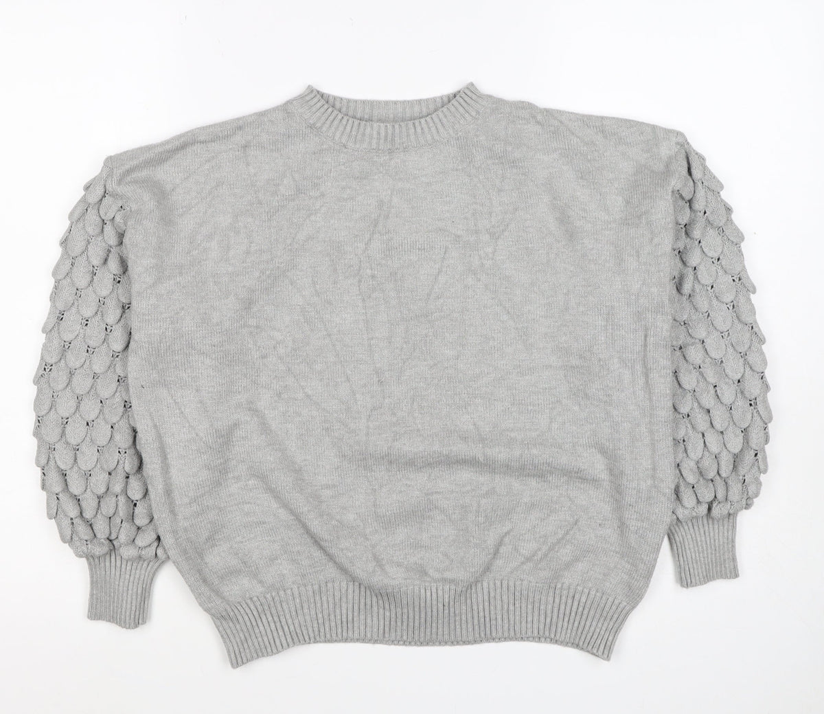 Kass Women’s Grey S Knit Jumper Textured Sleeve Crew Neck