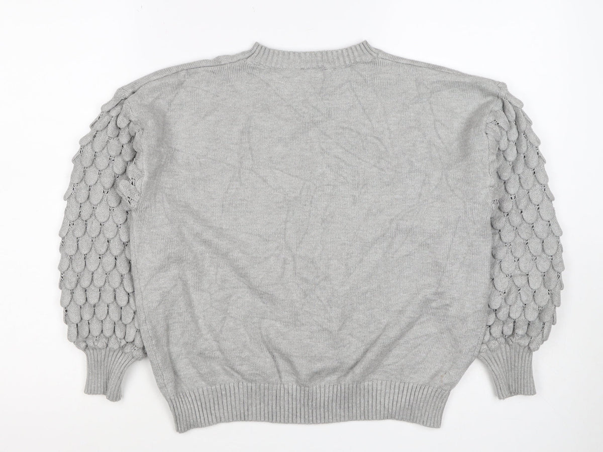 Kass Women’s Grey S Knit Jumper Textured Sleeve Crew Neck