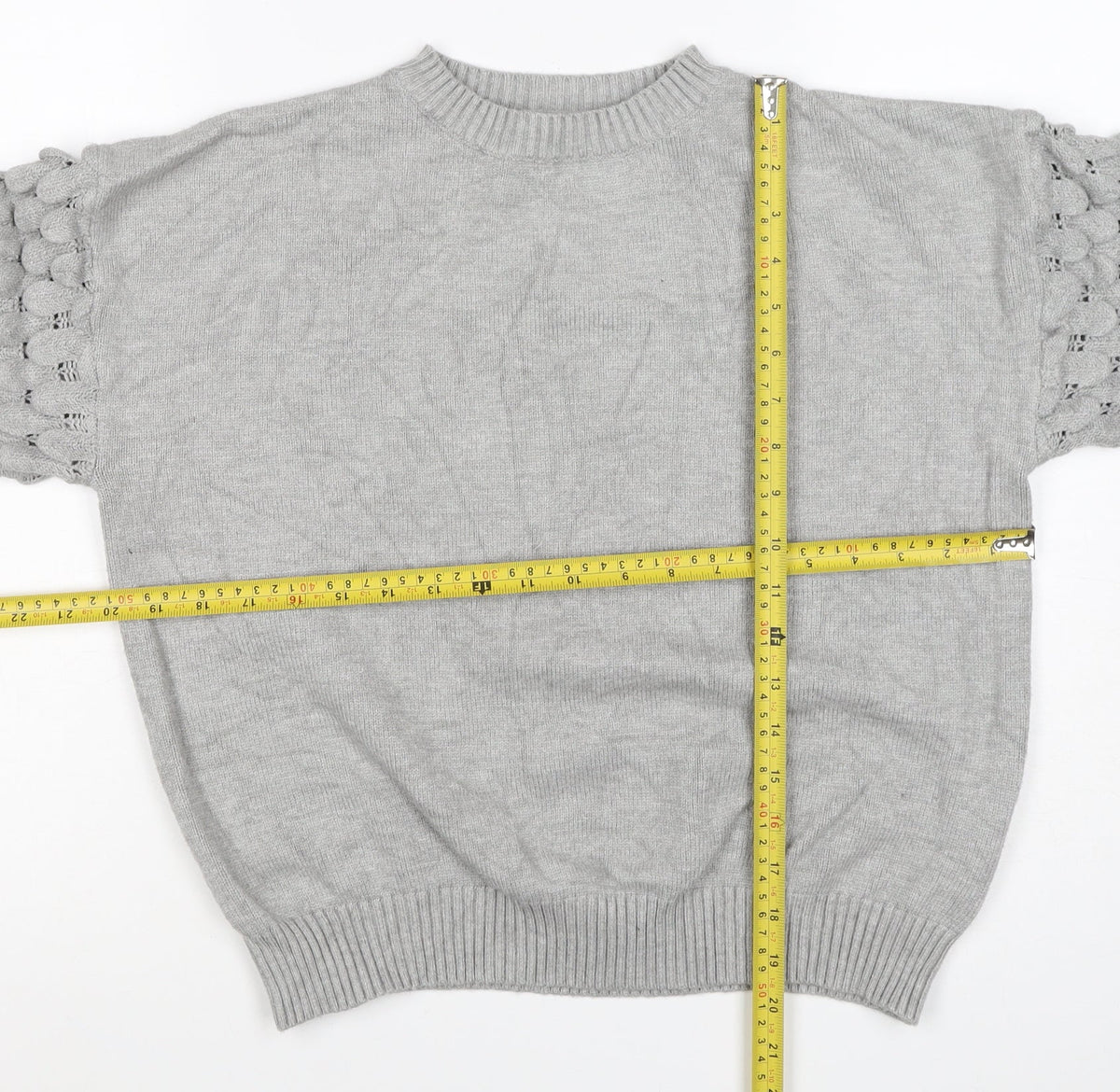 Kass Women’s Grey S Knit Jumper Textured Sleeve Crew Neck