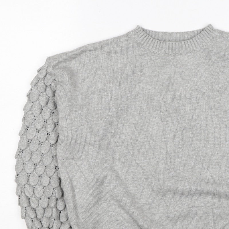 Kass Women’s Grey S Knit Jumper Textured Sleeve Crew Neck