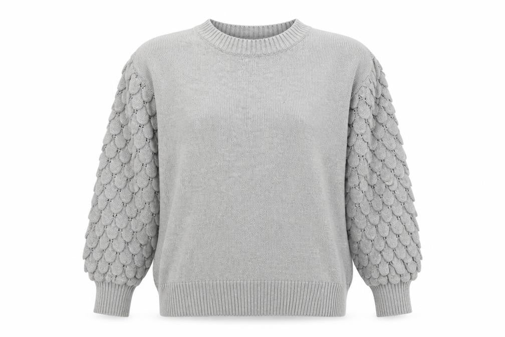 Kass Women’s Grey S Knit Jumper Textured Sleeve Crew Neck